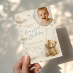 Teddy bear first birthday invitation with photo and beary first birthday theme