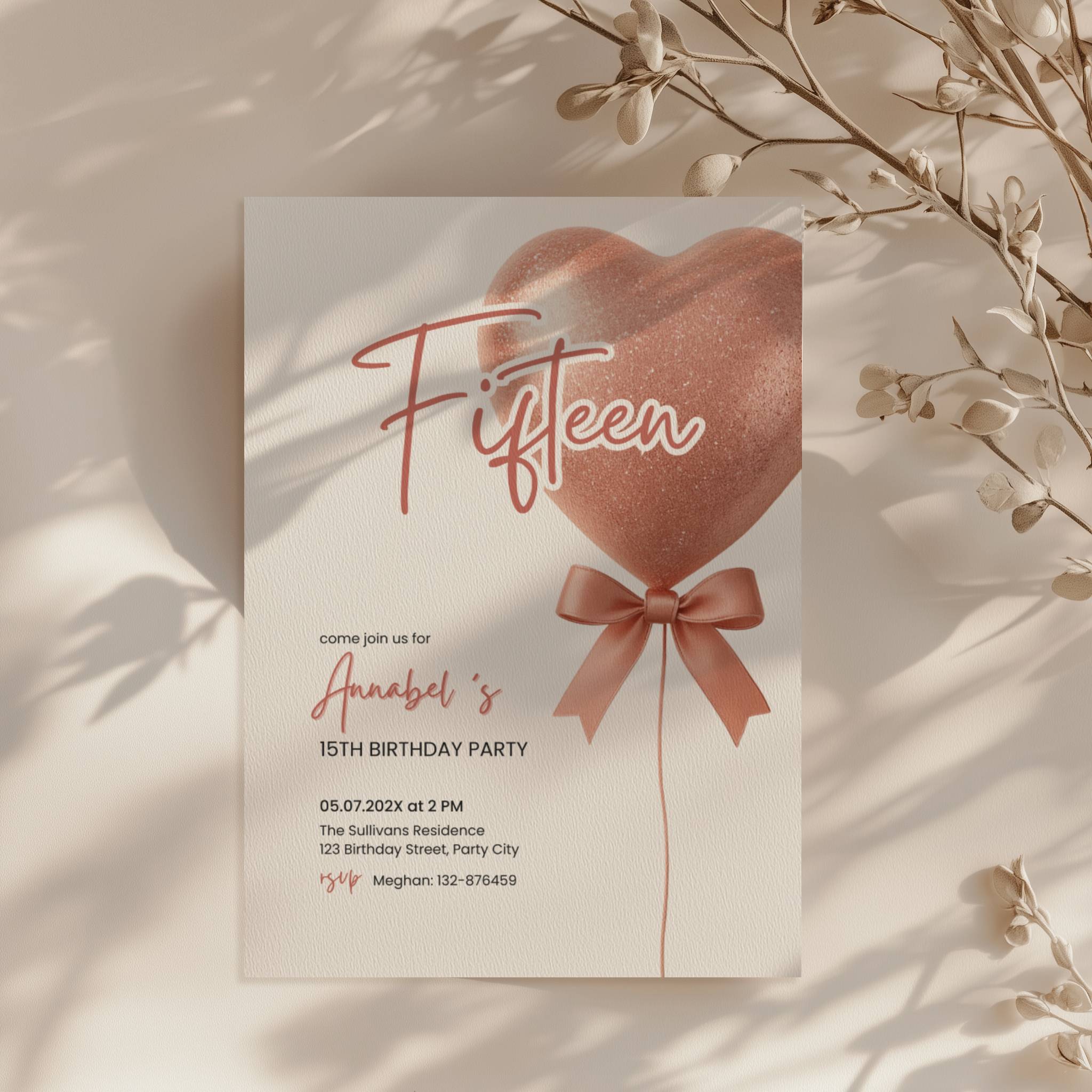 Fifteen birthday invitation with pink bow and balloon for teen girl party