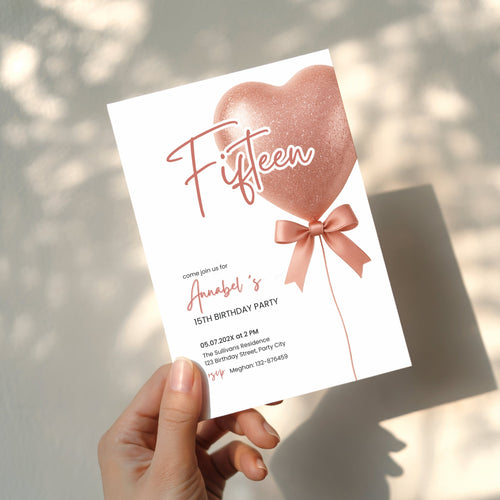 Fifteen birthday invitation with pink bow and balloon for teen girl party