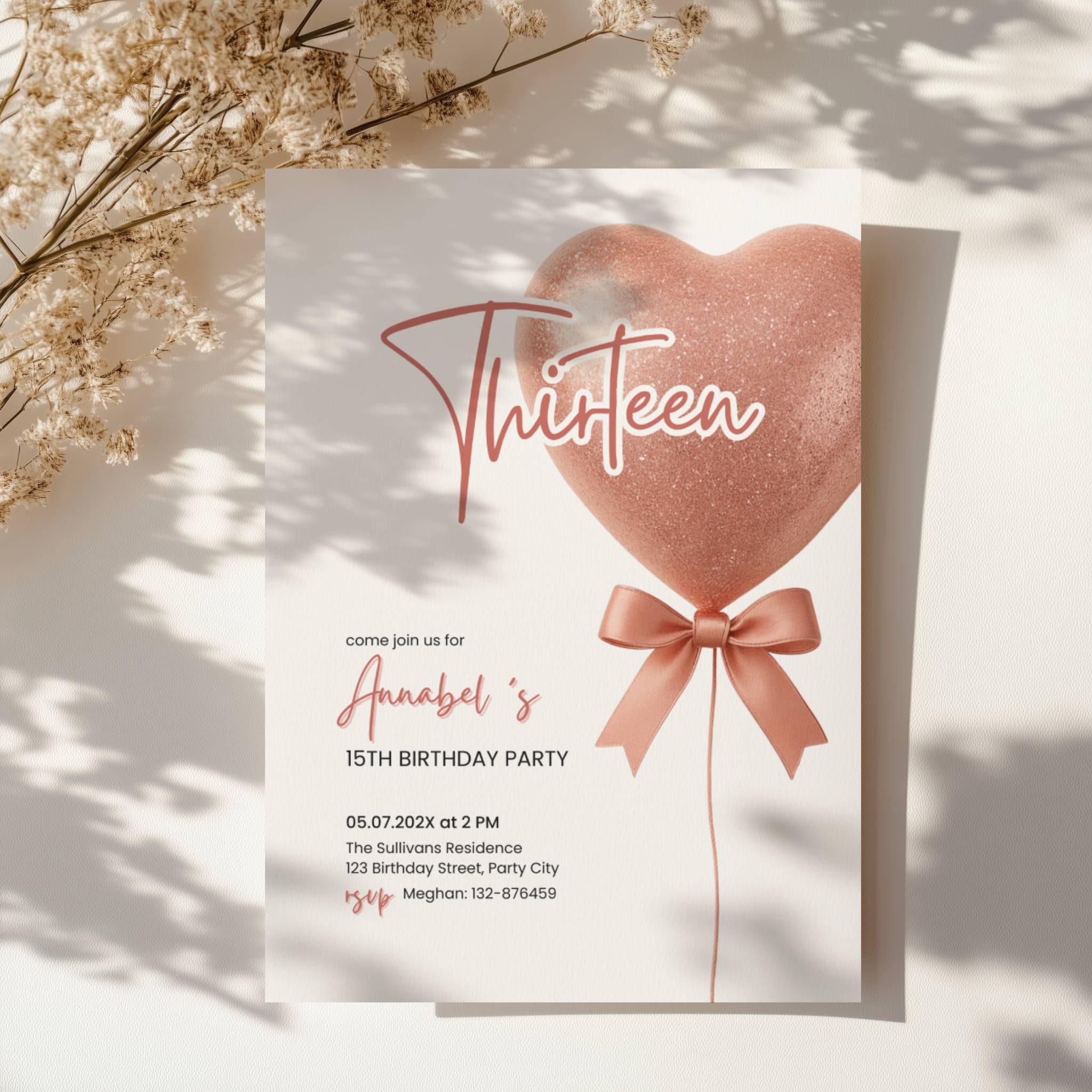 13th birthday invitation with pink bow and glitter balloon for teen girl party. Sparkle invitation