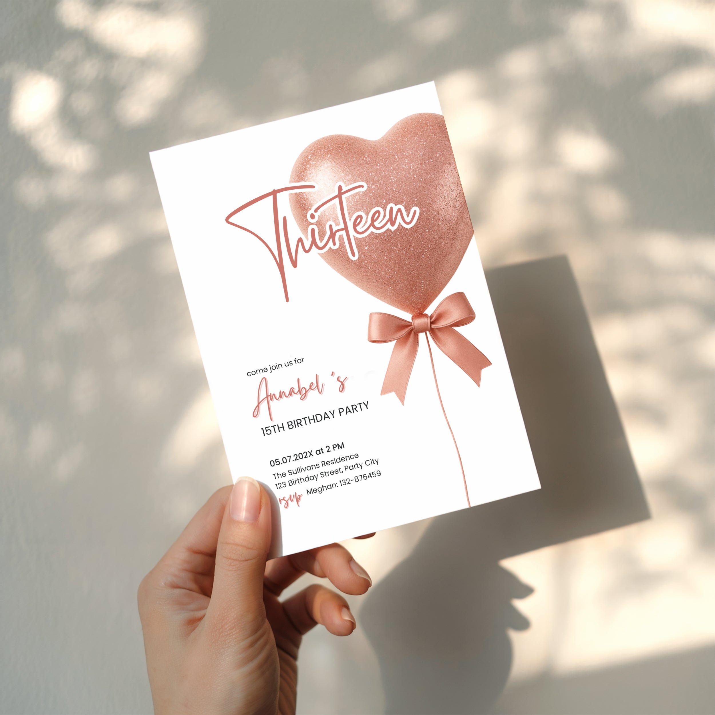 13th birthday invitation with pink bow and glitter balloon for teen girl party. Sparkle invitation