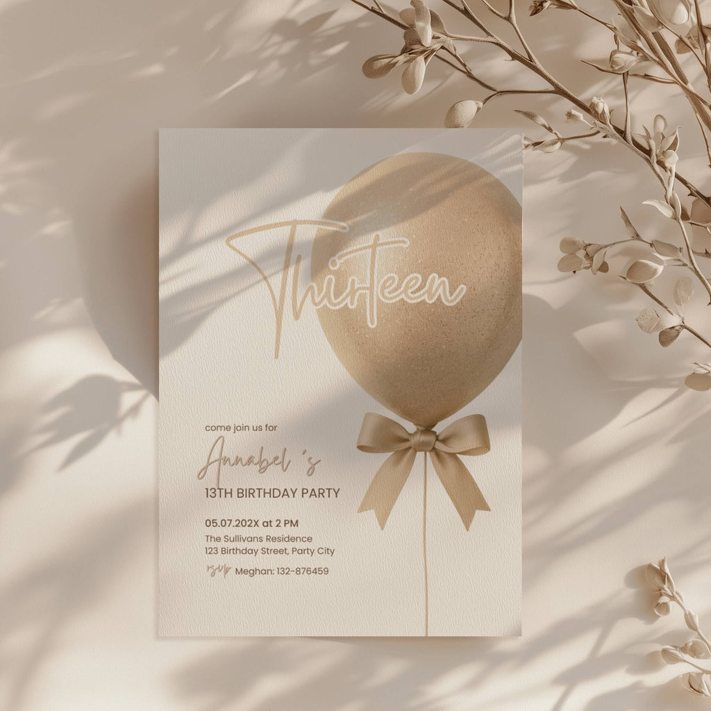 13th birthday invitation with gold glitter balloon and bow