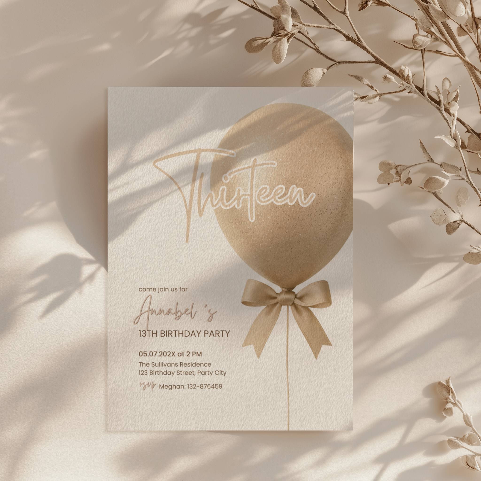 13th birthday invitation with gold glitter balloon and bow