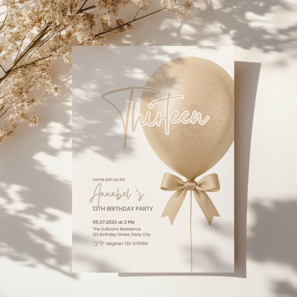 Bow 13th Birthday Invitation Glitter Balloon