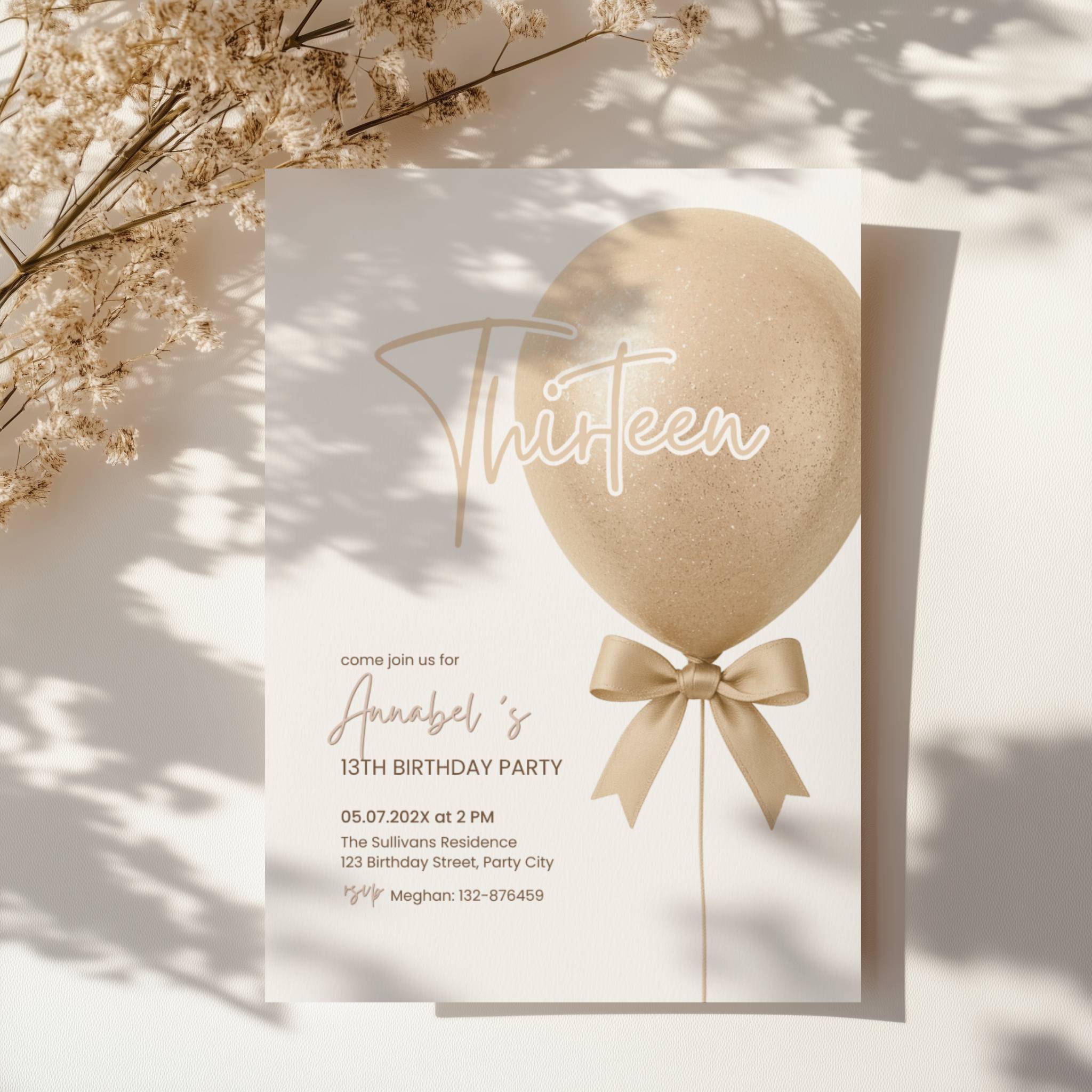 Bow 13th Birthday Invitation Glitter Balloon