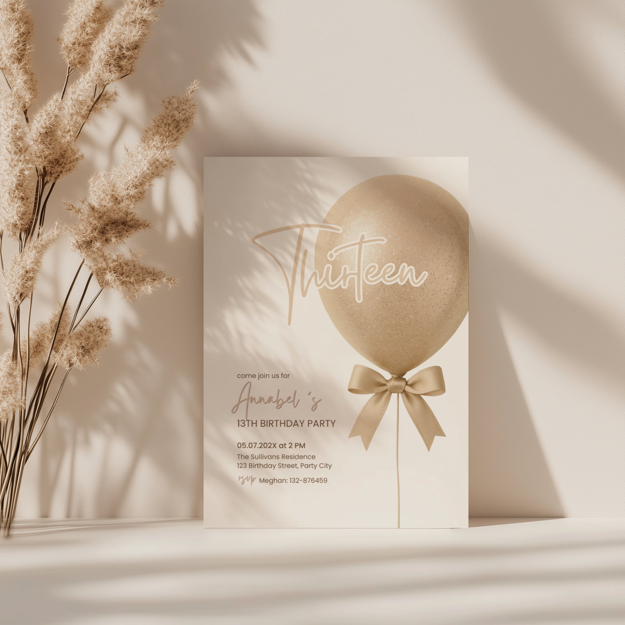 13th birthday invitation with gold glitter balloon and bow