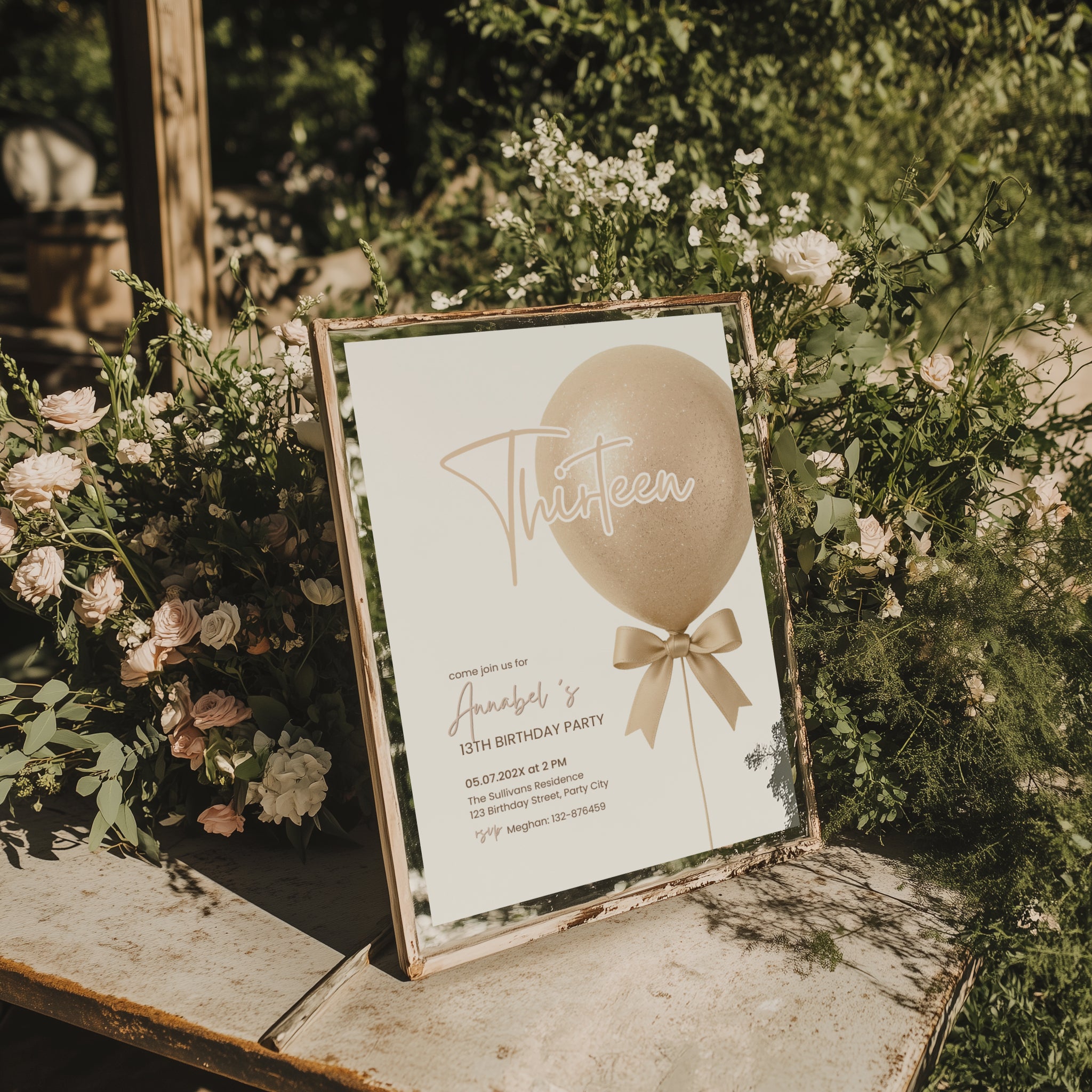 13th birthday invitation with gold glitter balloon and bow