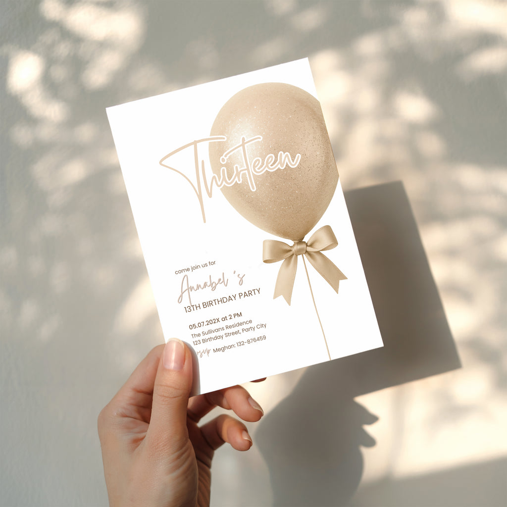13th birthday invitation with gold glitter balloon and bow