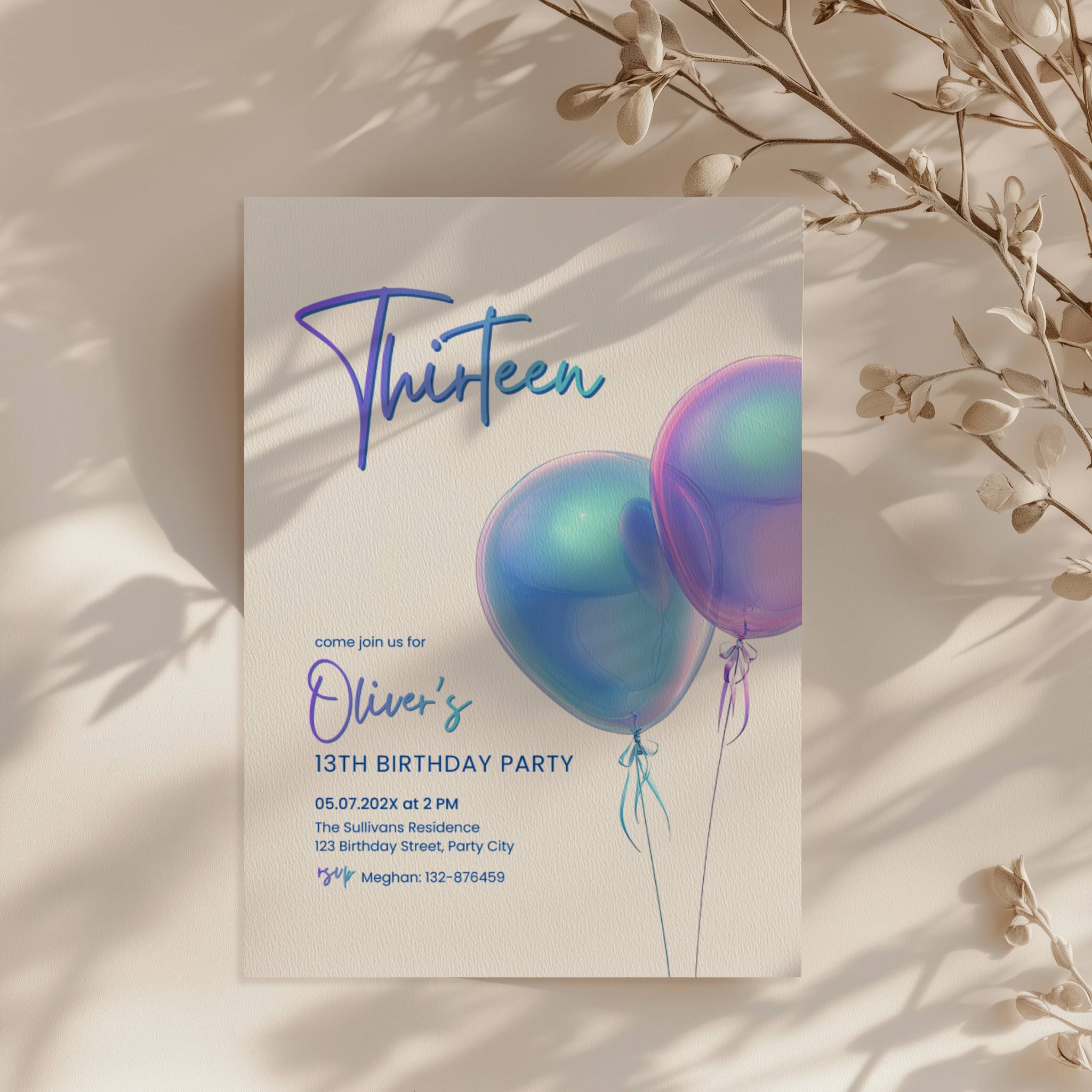 13th birthday invitation with iridescent holographic balloons