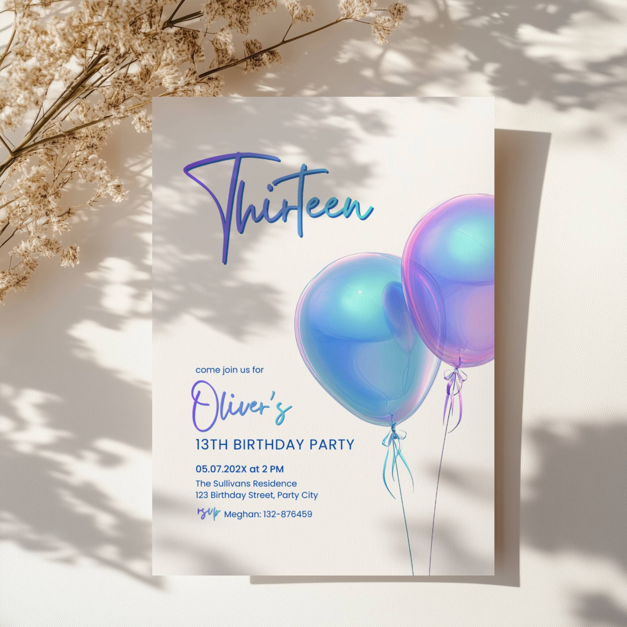 13th birthday invitation with iridescent holographic balloons