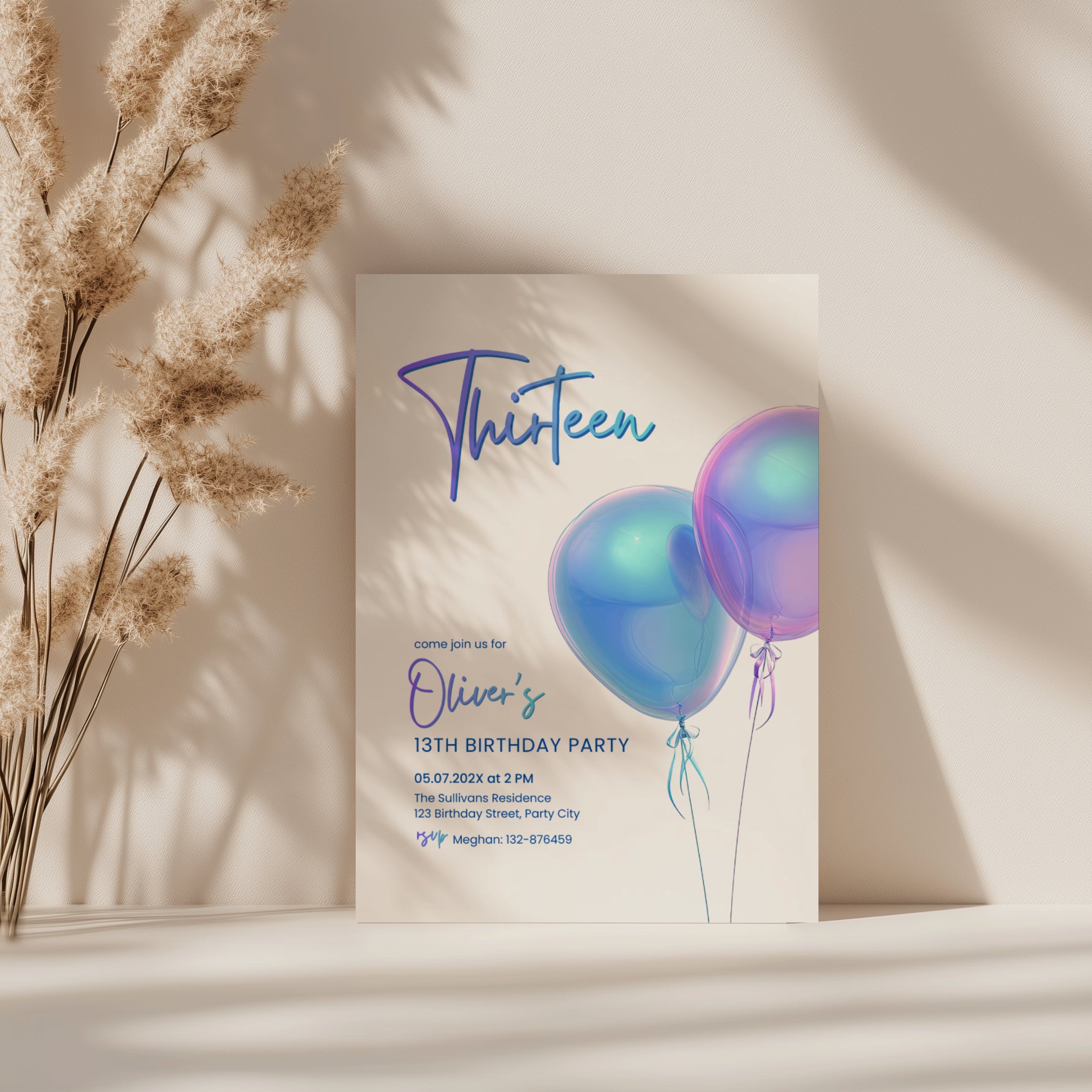 13th birthday invitation with iridescent holographic balloons