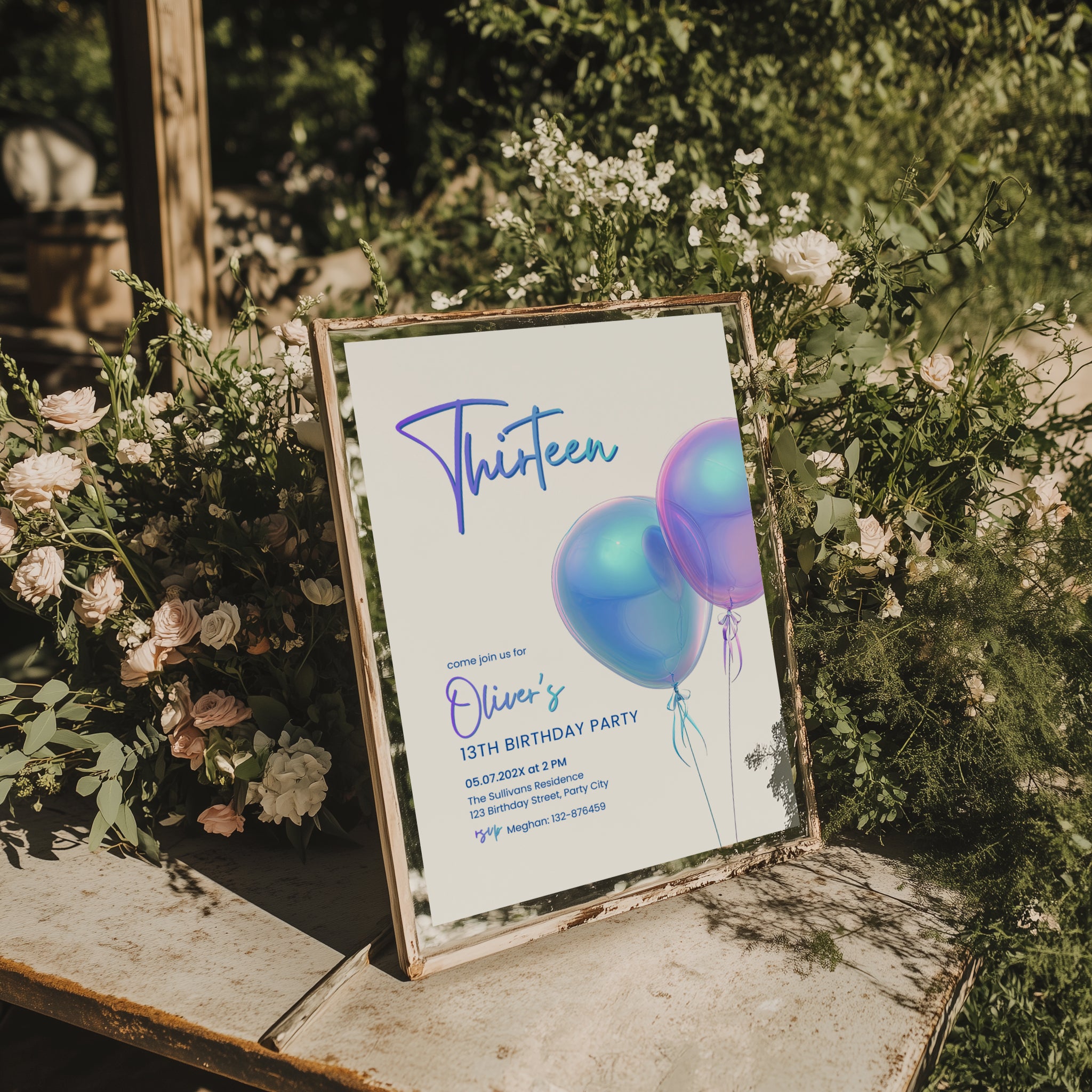 13th birthday invitation with iridescent holographic balloons