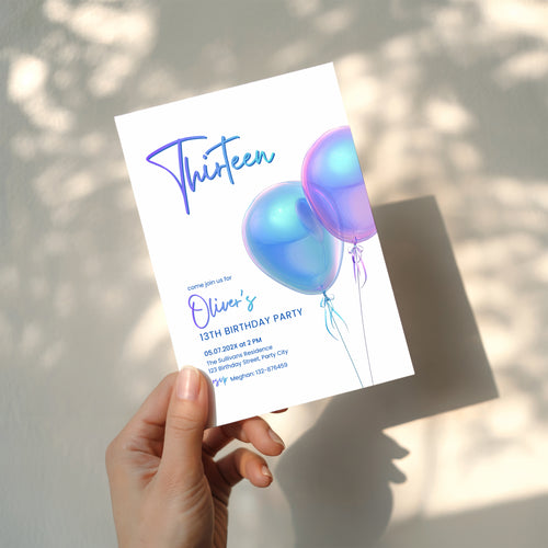 13th birthday invitation with iridescent holographic balloons