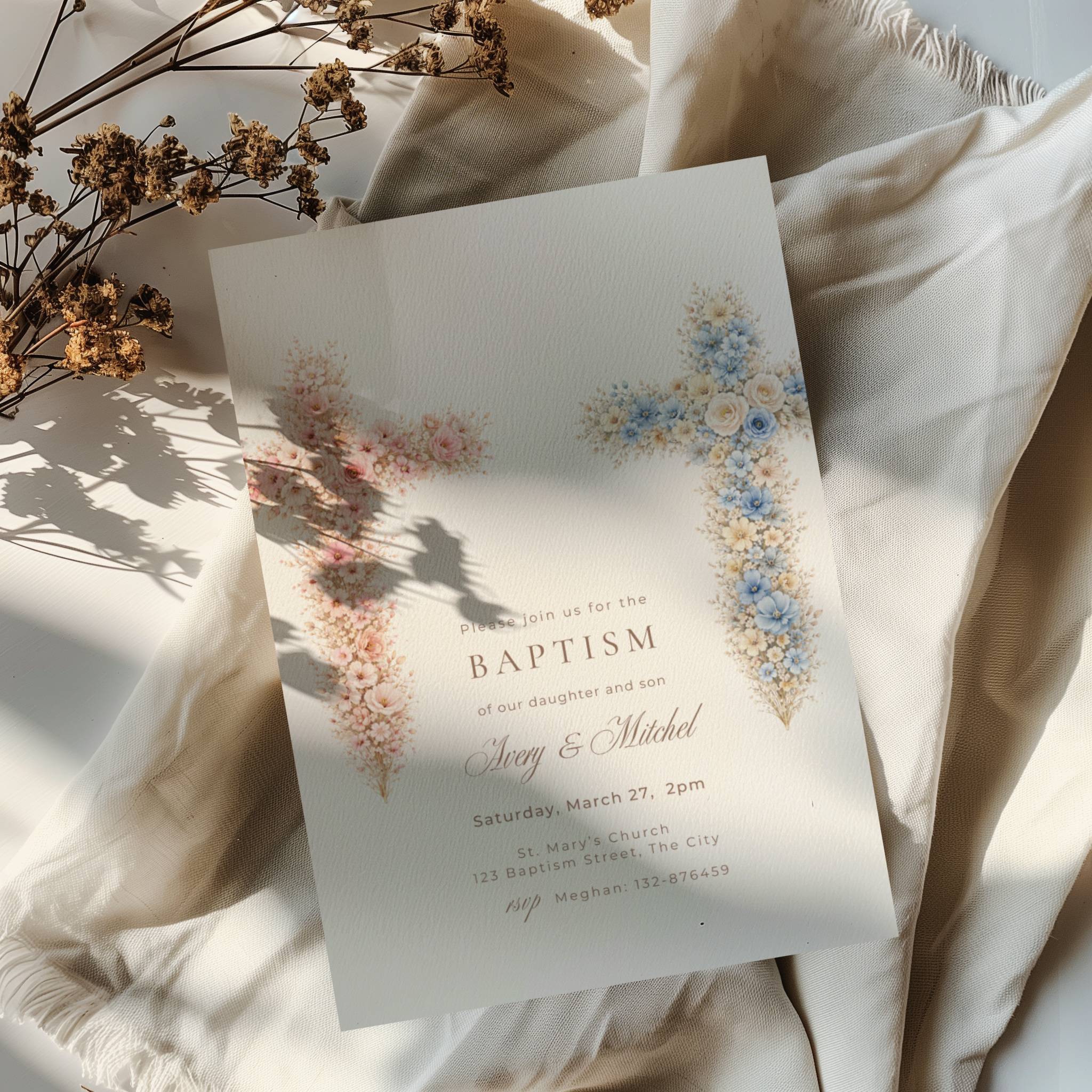 baptism invitation with wildflower floral crosses for twins boy and girl