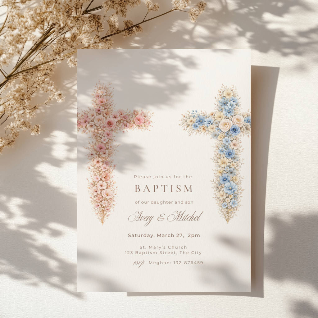 baptism invitation with wildflower floral crosses for twins boy and girl