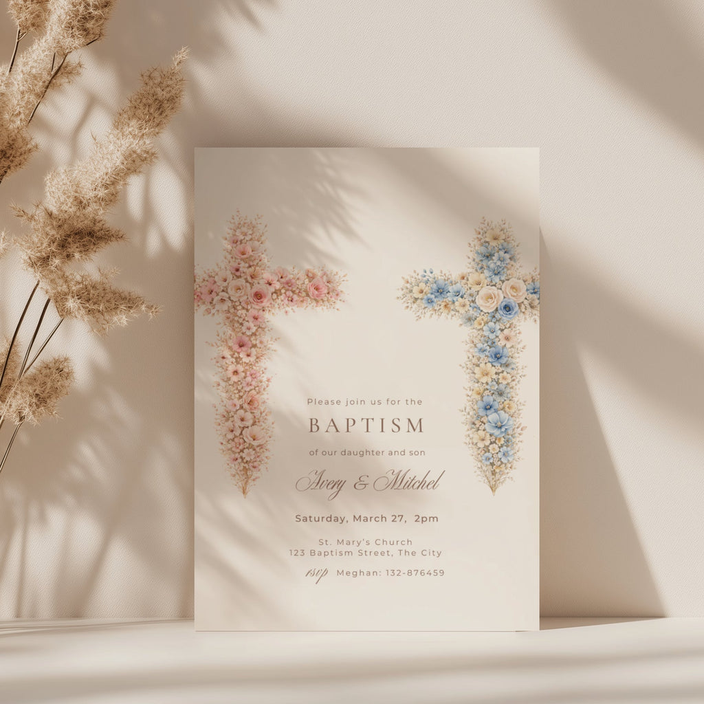 baptism invitation with wildflower floral crosses for twins boy and girl