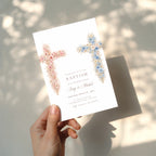 baptism invitation with wildflower floral crosses for twins boy and girl