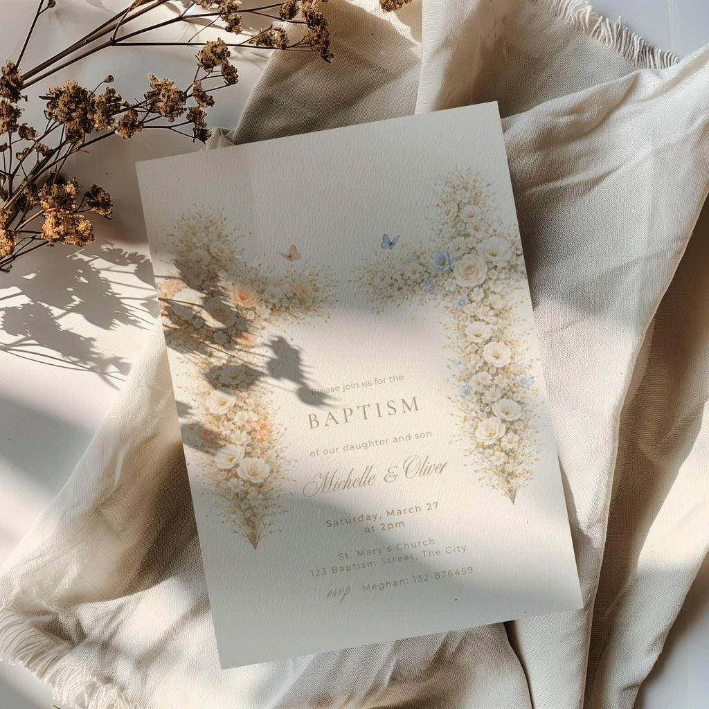 neutral vintage floral baptism invitation with cross design for twins