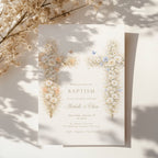 neutral vintage floral baptism invitation with cross design for twins