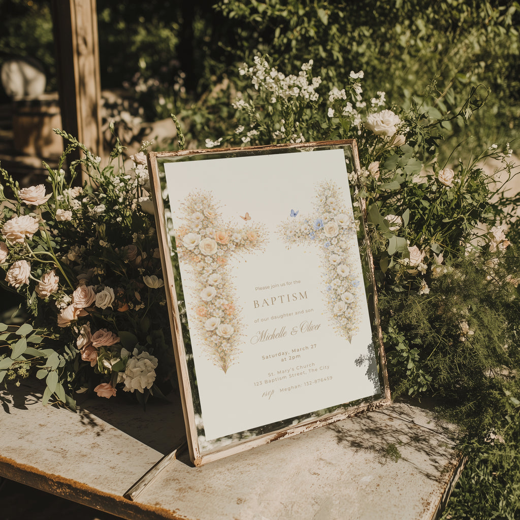 neutral vintage floral baptism invitation with cross design for twins