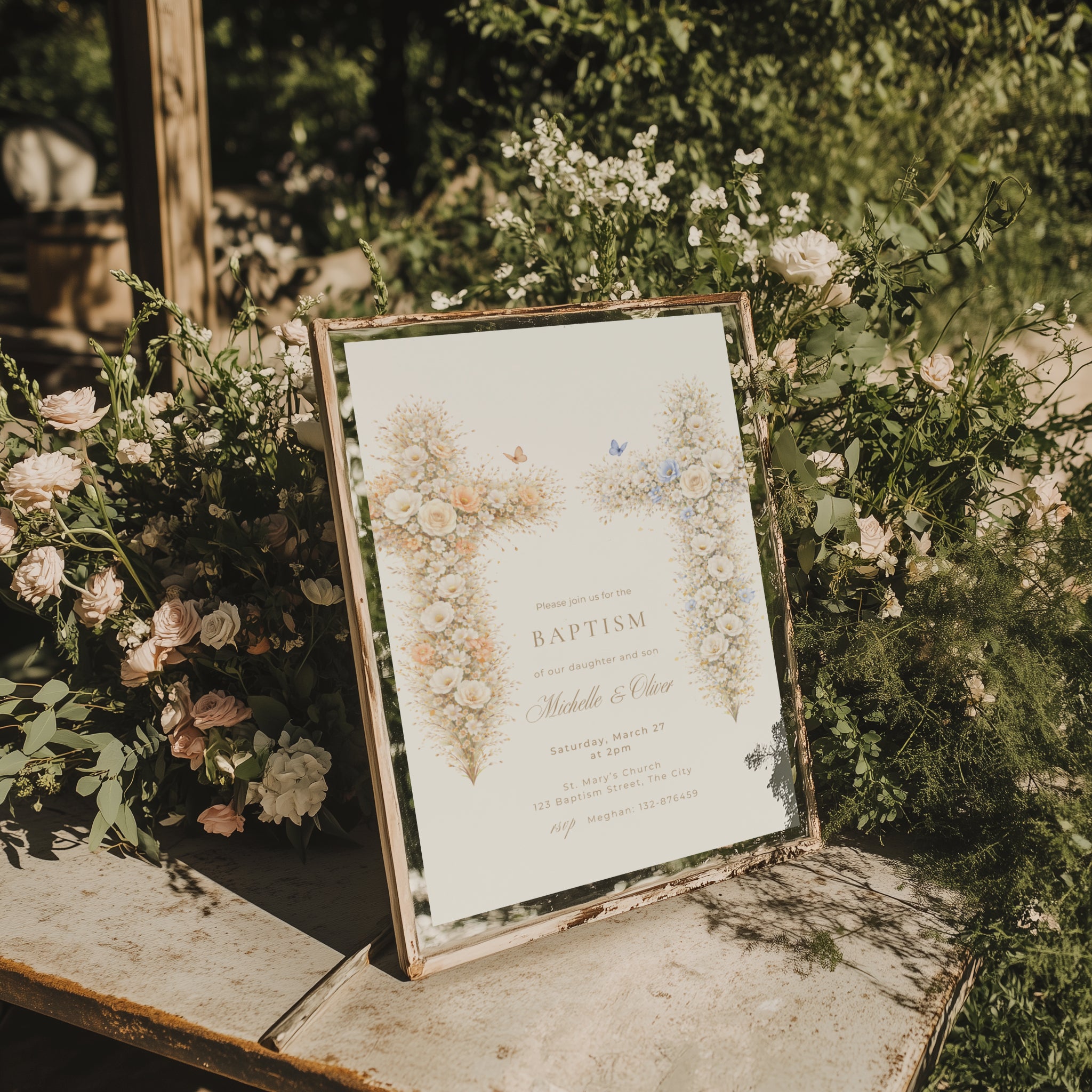neutral vintage floral baptism invitation with cross design for twins