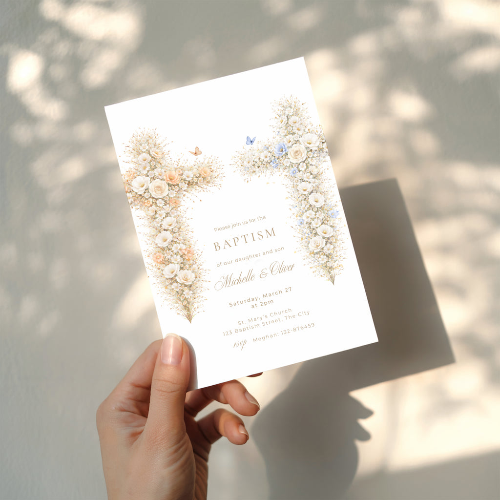 neutral vintage floral baptism invitation with cross design for twins
