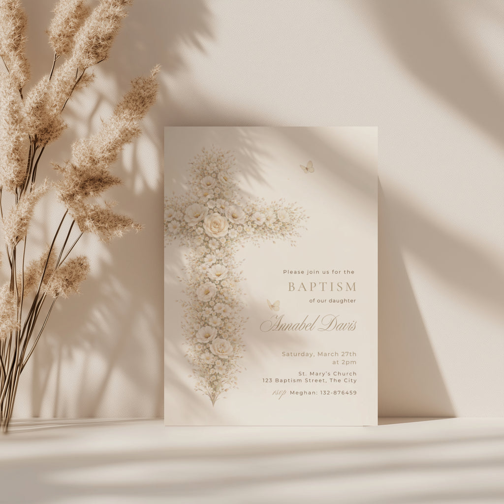 neutral vintage floral baptism invitation with gold cross design