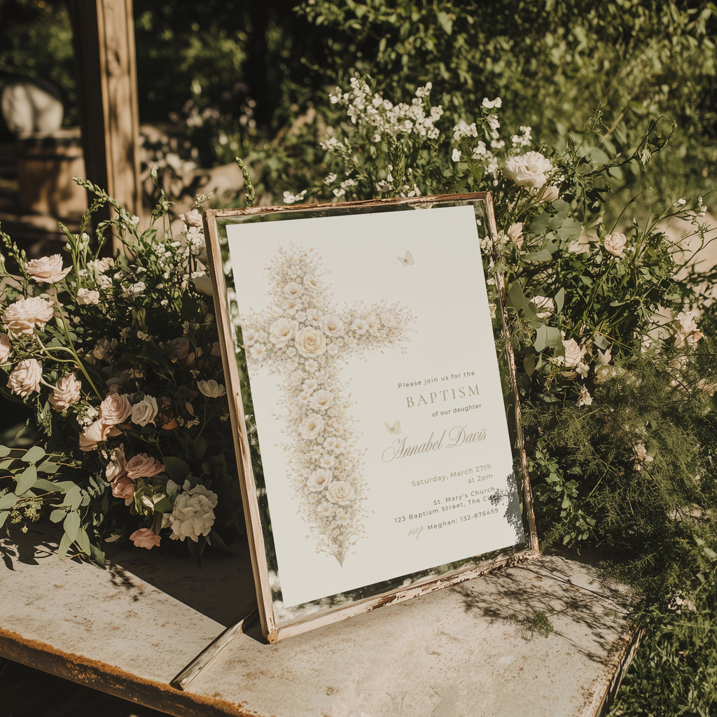 neutral vintage floral baptism invitation with gold cross design