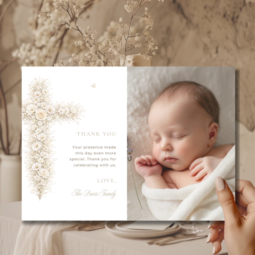 Vintage floral baptism thank you card with baby photo, neutral gold floral cross and elegant christening design
