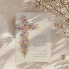 pastel vintage floral baptism invitation with cross in pink purple and blue tones