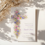 pastel vintage floral baptism invitation with cross in pink purple and blue tones