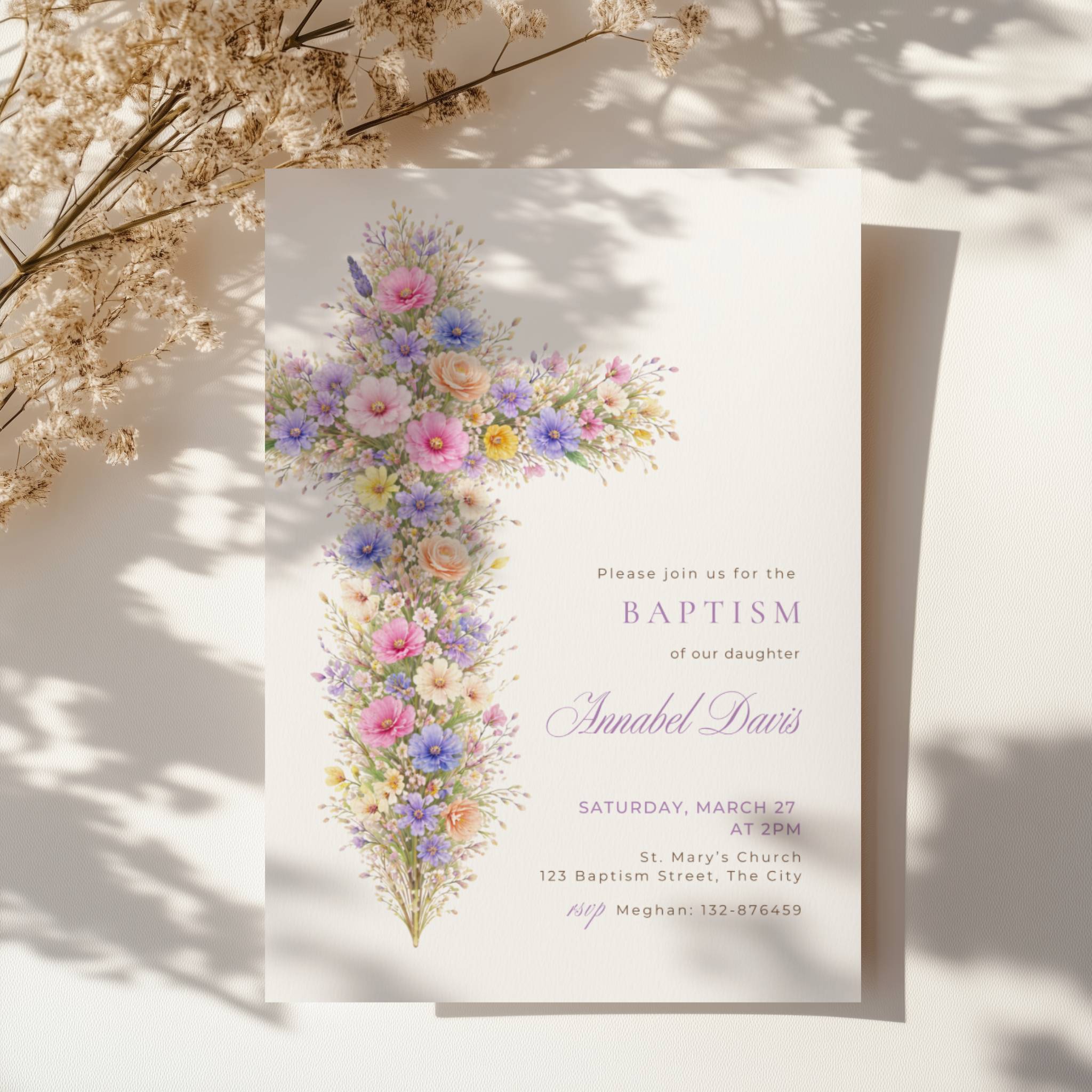 pastel vintage floral baptism invitation with cross in pink purple and blue tones