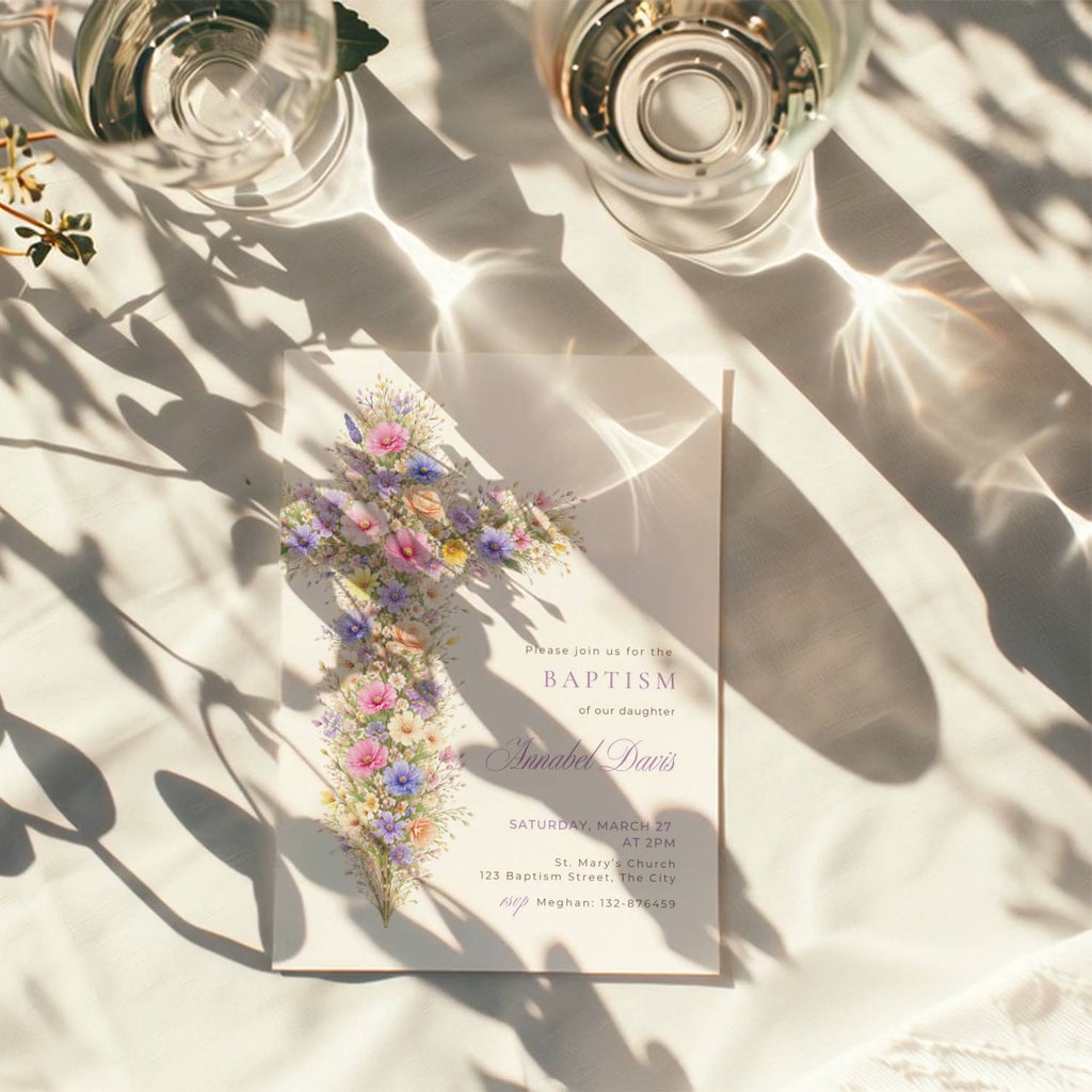 pastel vintage floral baptism invitation with cross in pink purple and blue tones