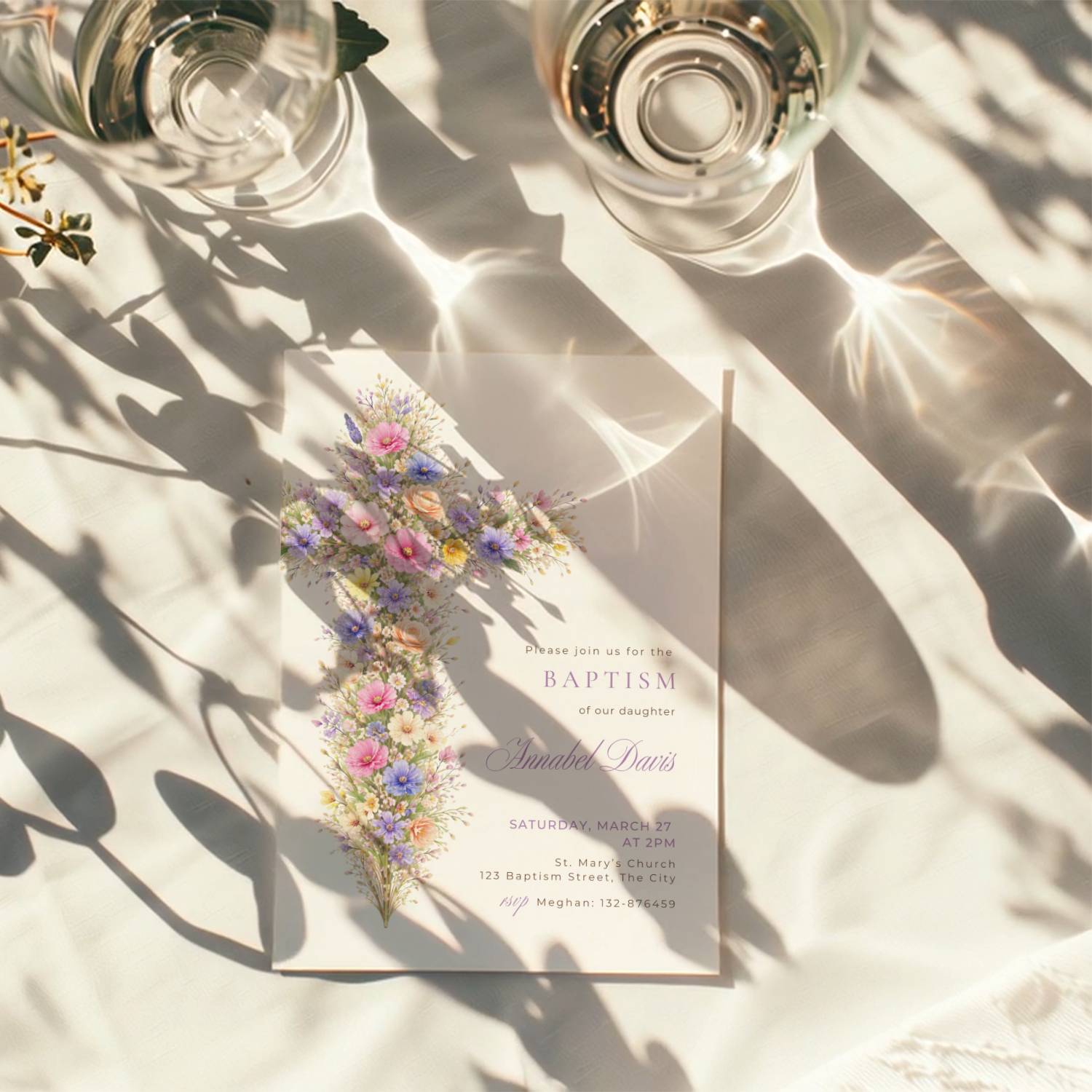 pastel vintage floral baptism invitation with cross in pink purple and blue tones