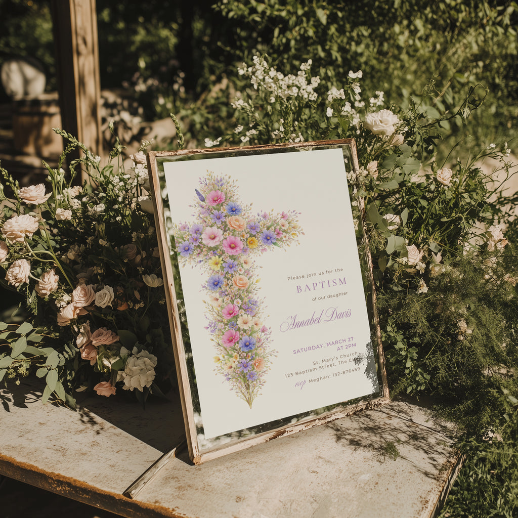 pastel vintage floral baptism invitation with cross in pink purple and blue tones