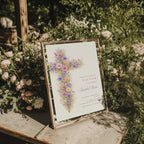 pastel vintage floral baptism invitation with cross in pink purple and blue tones
