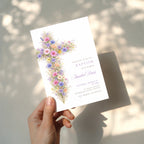 pastel vintage floral baptism invitation with cross in pink purple and blue tones