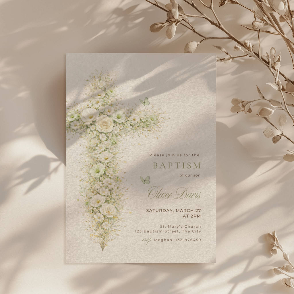 sage green vintage floral baptism invitation with botanical cross design