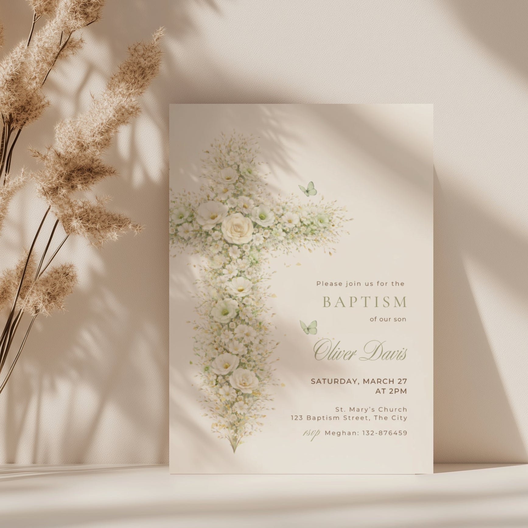 sage green vintage floral baptism invitation with botanical cross design