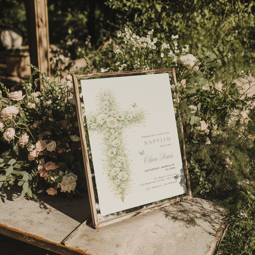 sage green vintage floral baptism invitation with botanical cross design