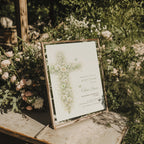 sage green vintage floral baptism invitation with botanical cross design