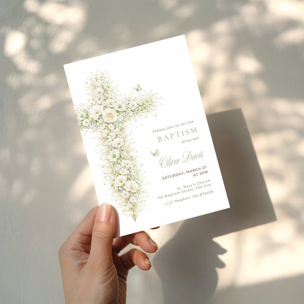 sage green vintage floral baptism invitation with botanical cross design
