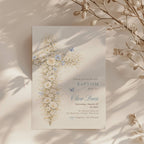 blue vintage floral cross baptism invitation with soft neutral and gold tones