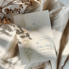 blue vintage floral cross baptism invitation with soft neutral and gold tones