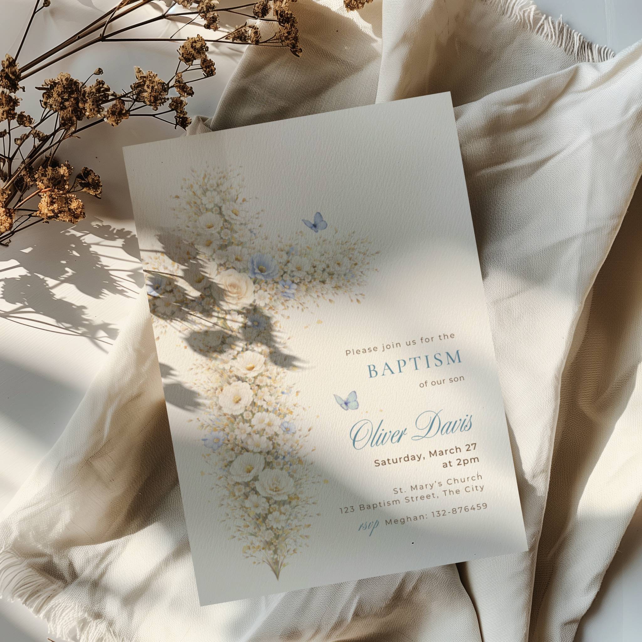 blue vintage floral cross baptism invitation with soft neutral and gold tones