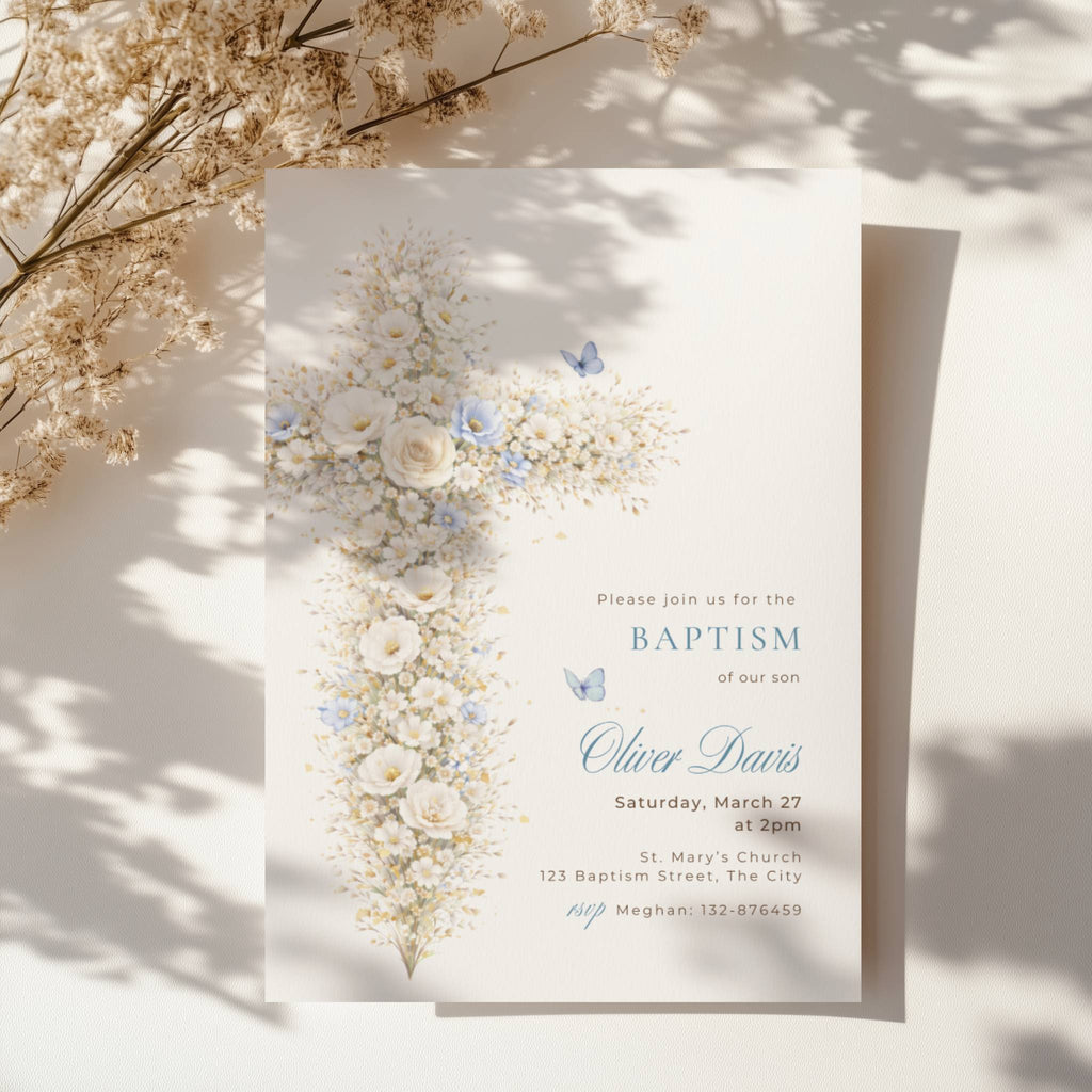blue vintage floral cross baptism invitation with soft neutral and gold tones
