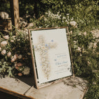 blue vintage floral cross baptism invitation with soft neutral and gold tones