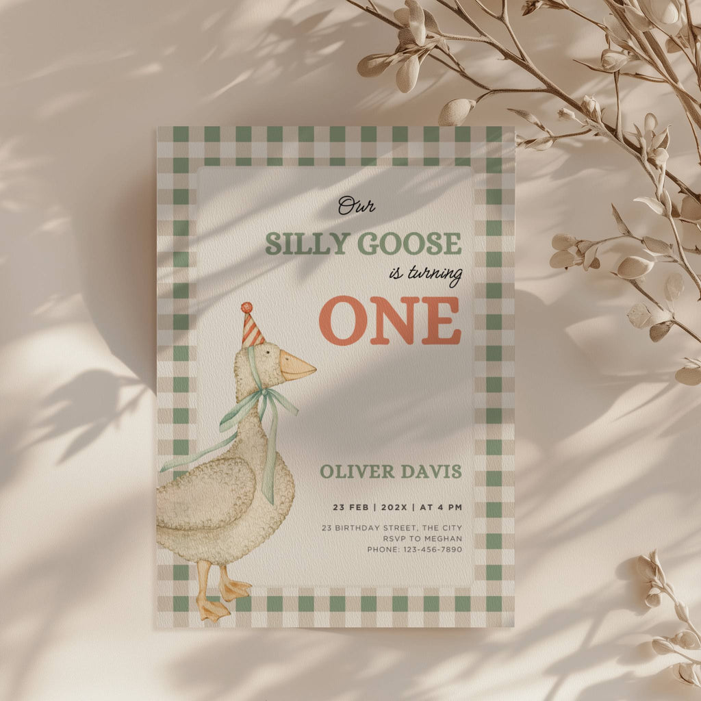 one silly goose first birthday invitation with vintage goose and sage green gingham background
