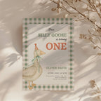 one silly goose first birthday invitation with vintage goose and sage green gingham background