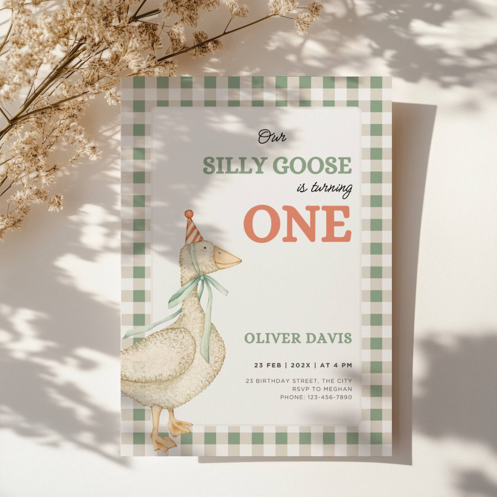 one silly goose first birthday invitation with vintage goose and sage green gingham background